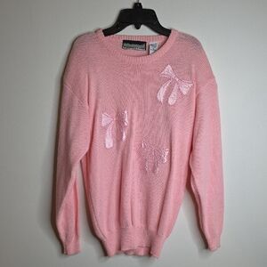 80's / 90's Vintage Pink Sweater with Bow Accents And Pearls Size MEDIUM
